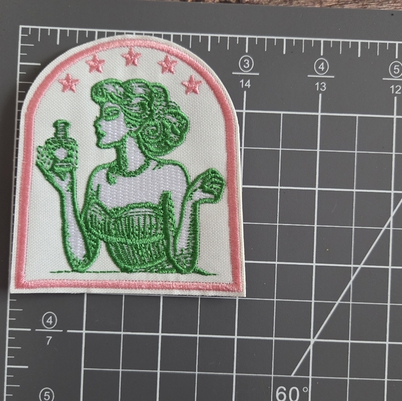 Fancy Lady Retro Pink Green Perfume Witchy Embroidered Iron on Patch - Picture 2 of 2